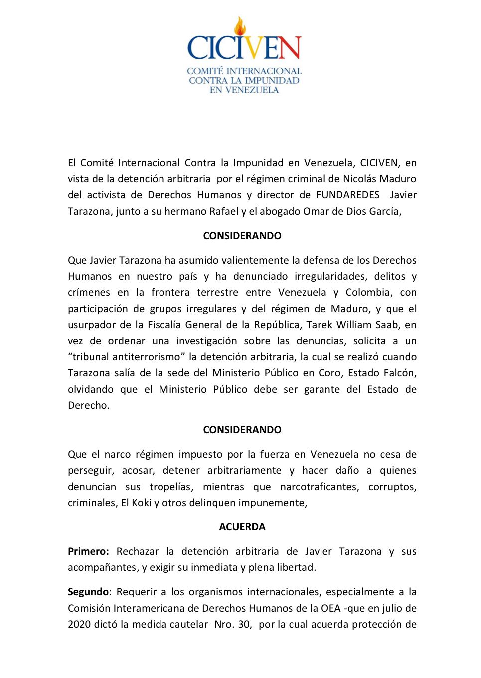 CICIVEN exige la libertad de Tarazona: “El Koki y Maduro delinquen impunemente”