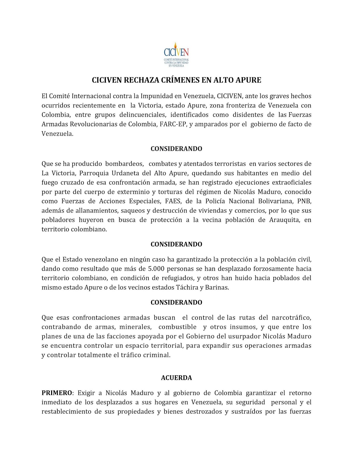 CICIVEN pide a organismos internacionales investigar in situ los crímenes en la frontera de Venezuela