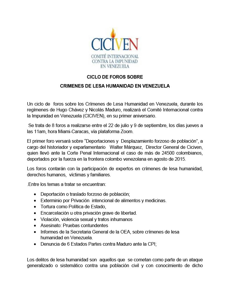 Ciclo de foros sobre crímenes de lesa humanidad en Venezuela 2002-2021
