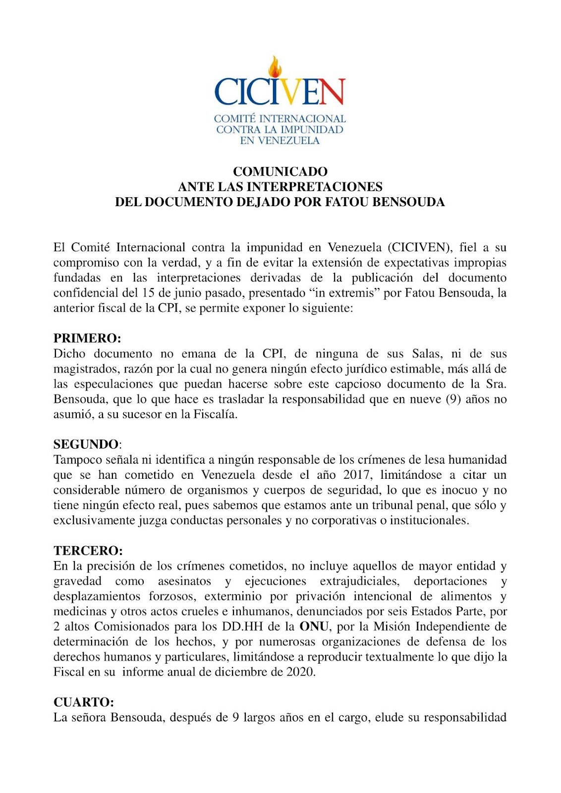 Comunicado ante las interpretaciones del documento dejado por Fatou Bensouda, exfiscal de la CPI